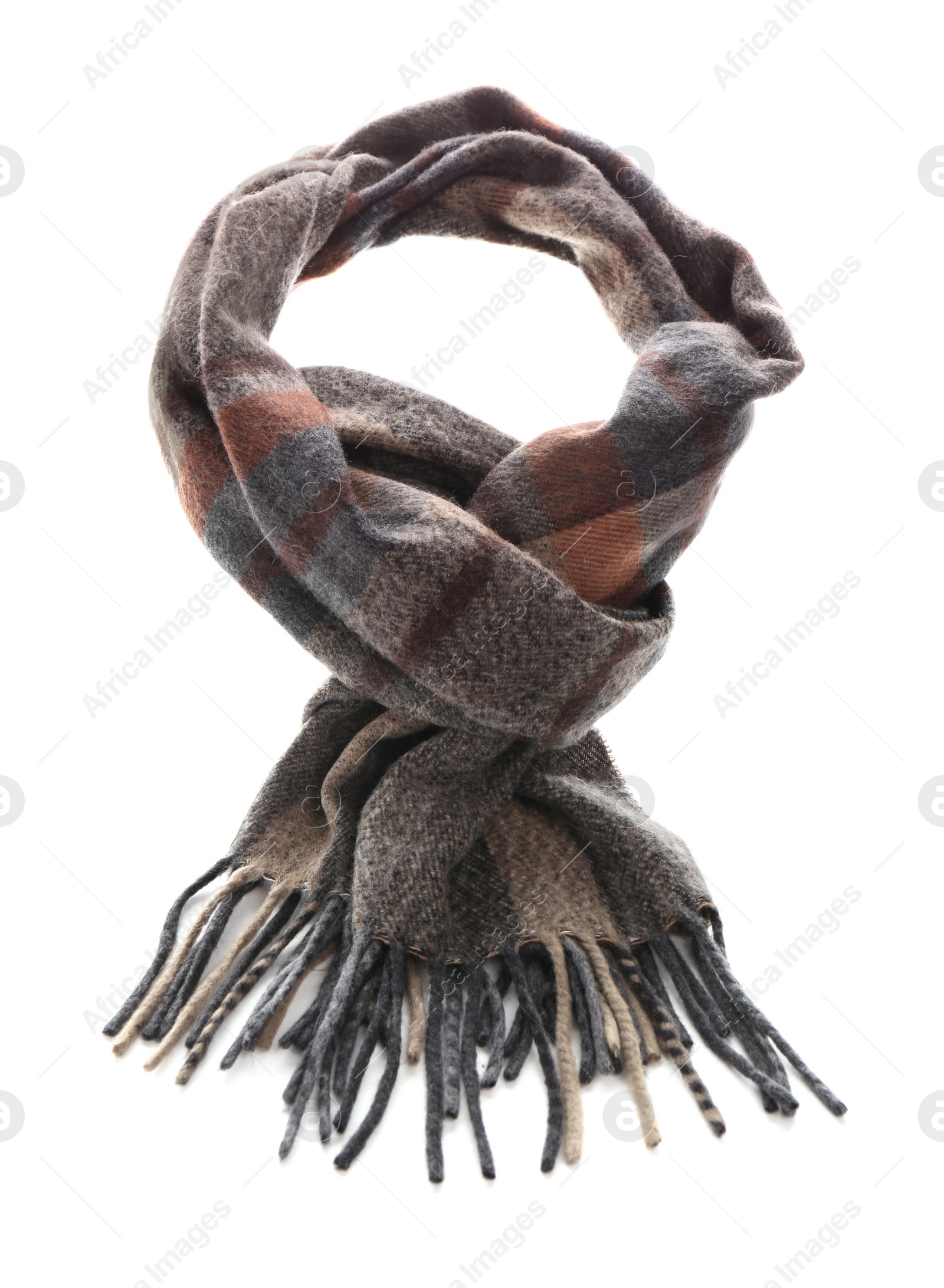 Photo of Warm scarf isolated on white. Stylish accessory