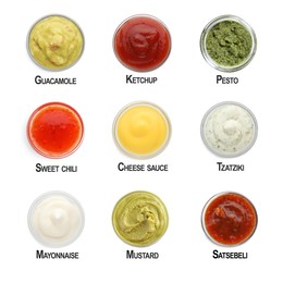 Set of different sauces in bowls and names isolated on white, top view
