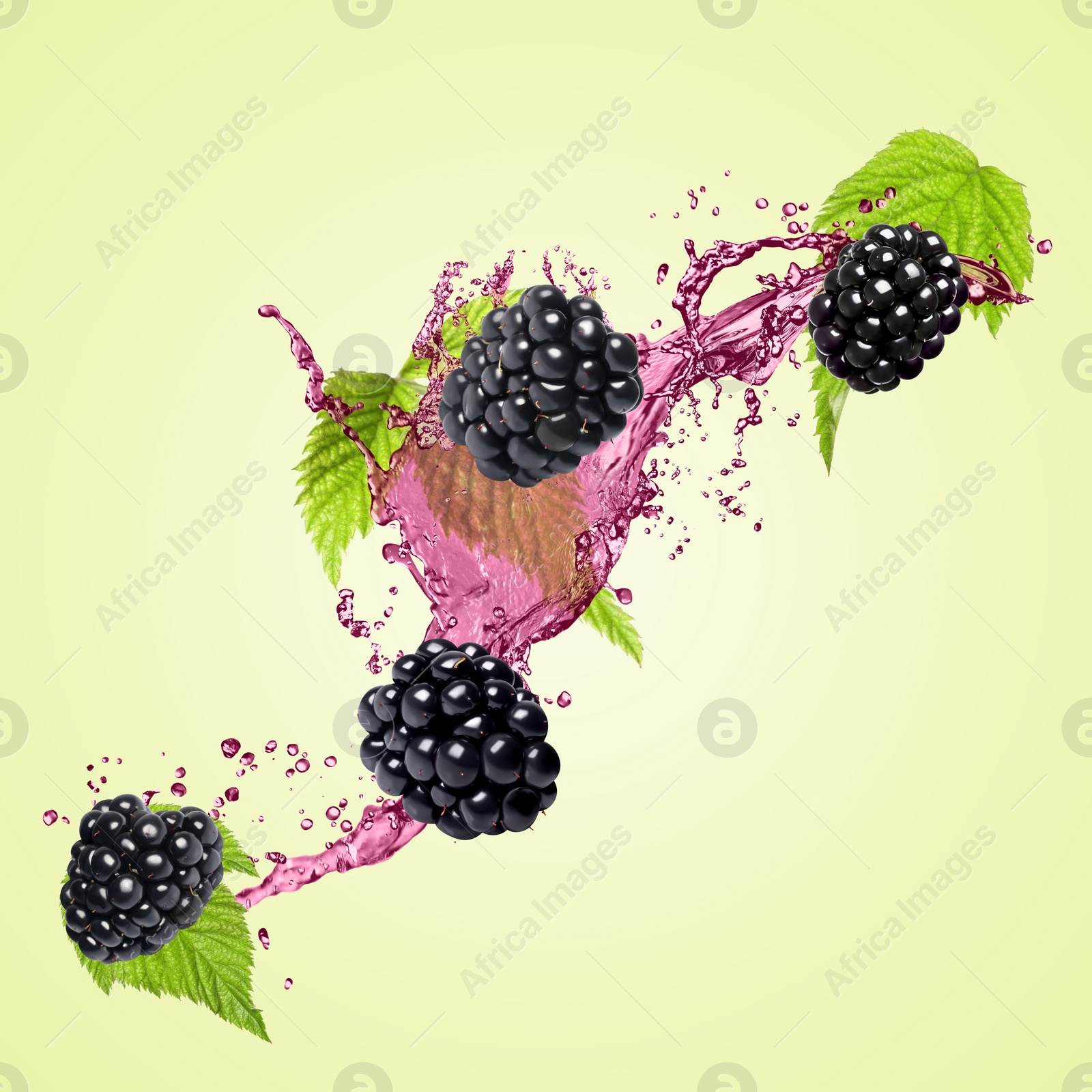 Image of Fresh blackberries and juice in air on light green background