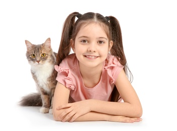 Photo of Cute little girl with cat on white background