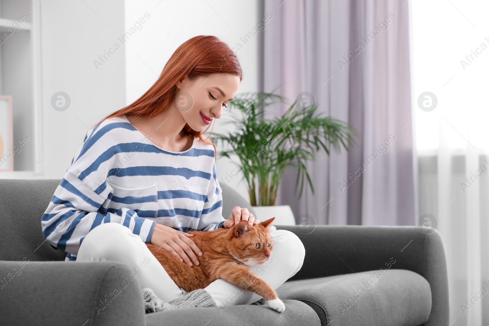 Photo of Woman with her cute cat on sofa at home