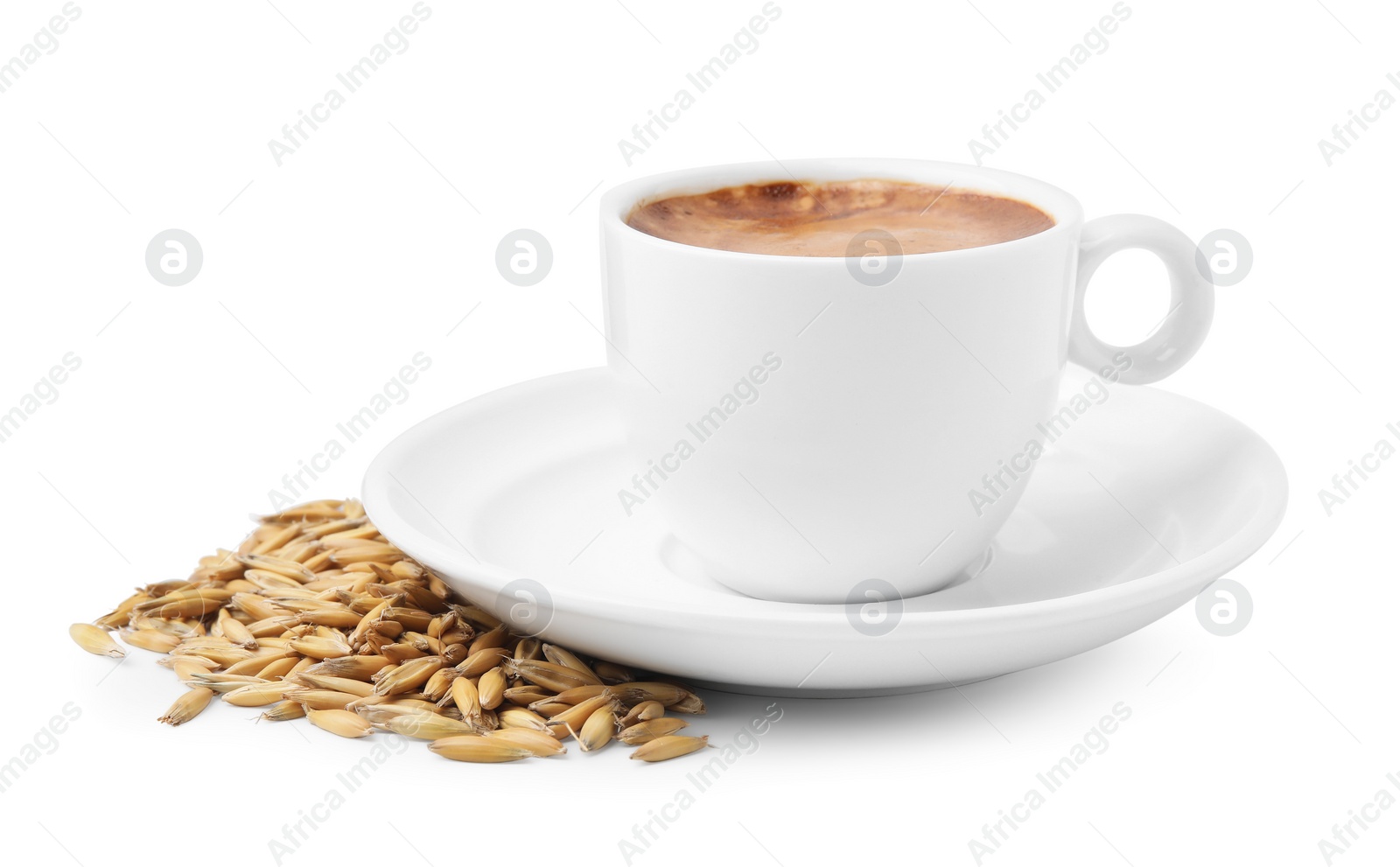 Photo of Cup of barley coffee and grains isolated on white