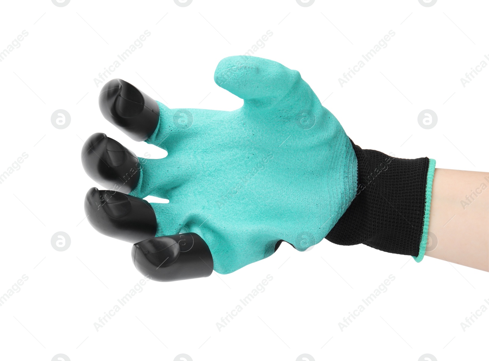 Photo of Woman in claw gardening glove on white background, closeup