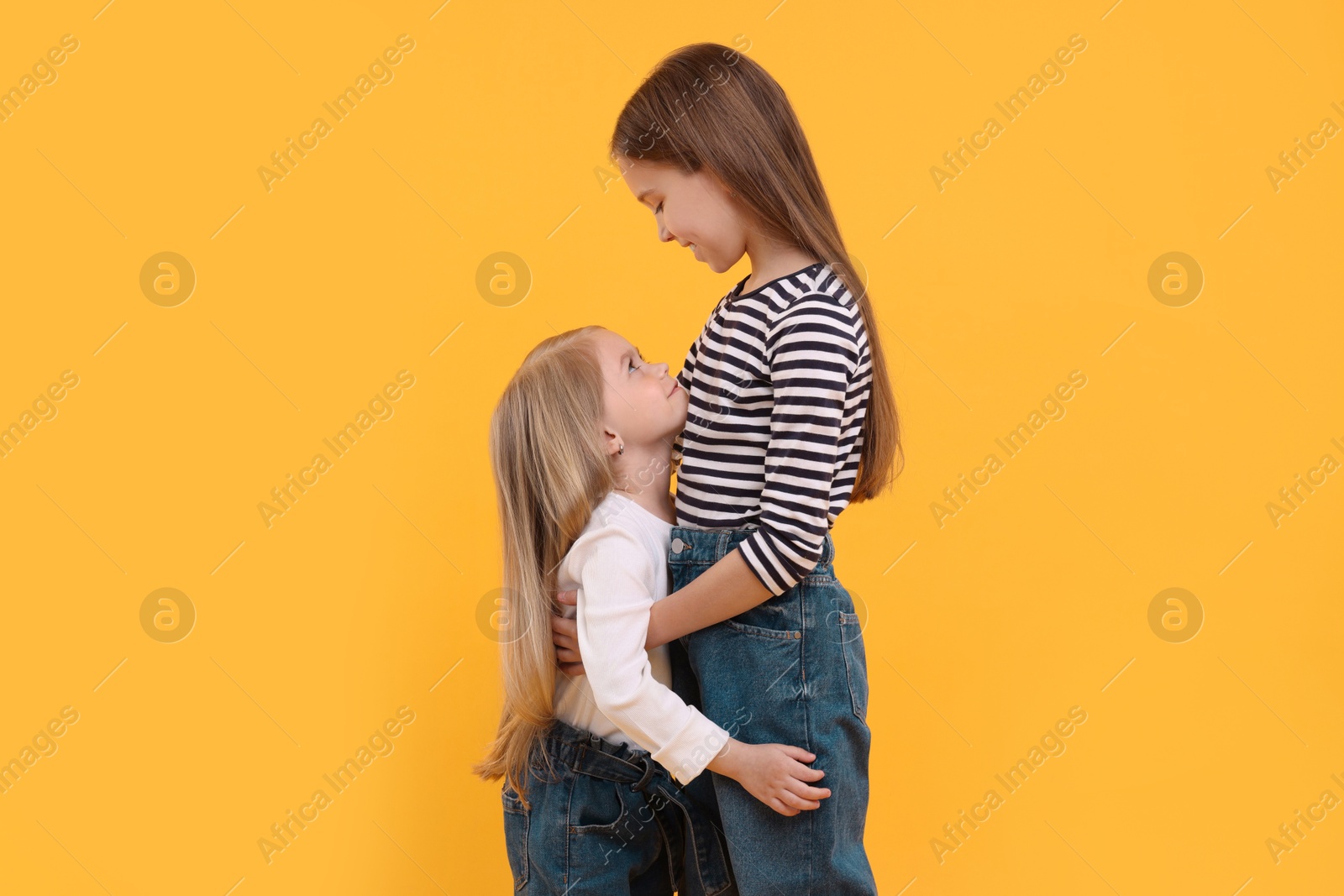 Photo of Portrait of cute little sisters on orange background