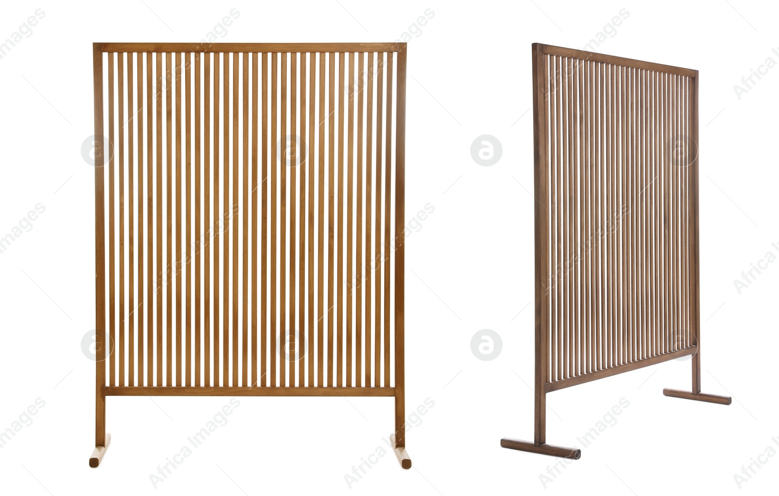 Image of Set with photos of wooden room divider screen on white background