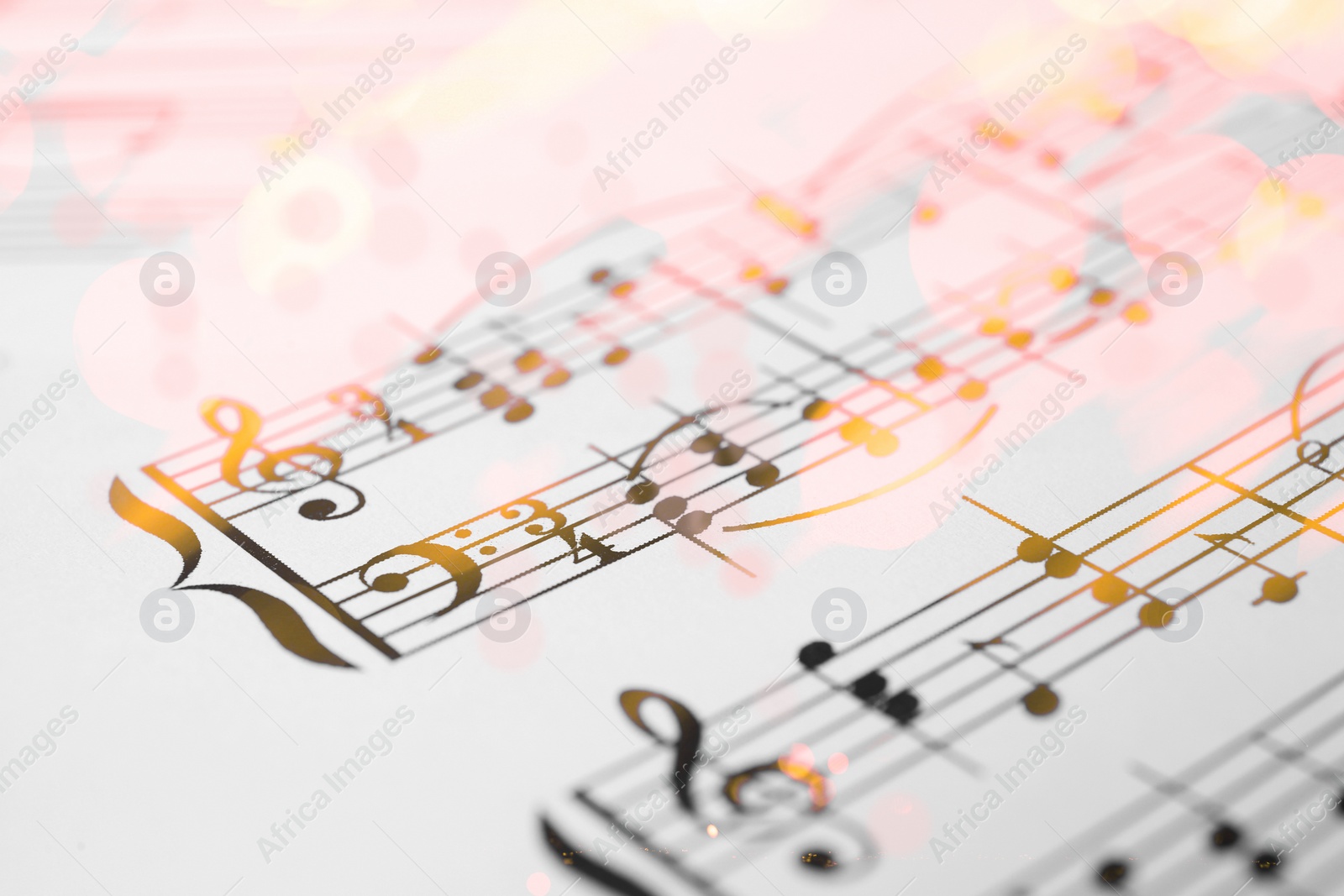 Image of Sheet with music notes as background, closeup. Color tone effect