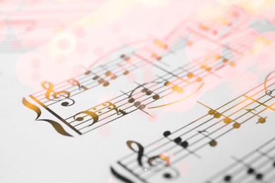 Image of Sheet with music notes as background, closeup. Color tone effect