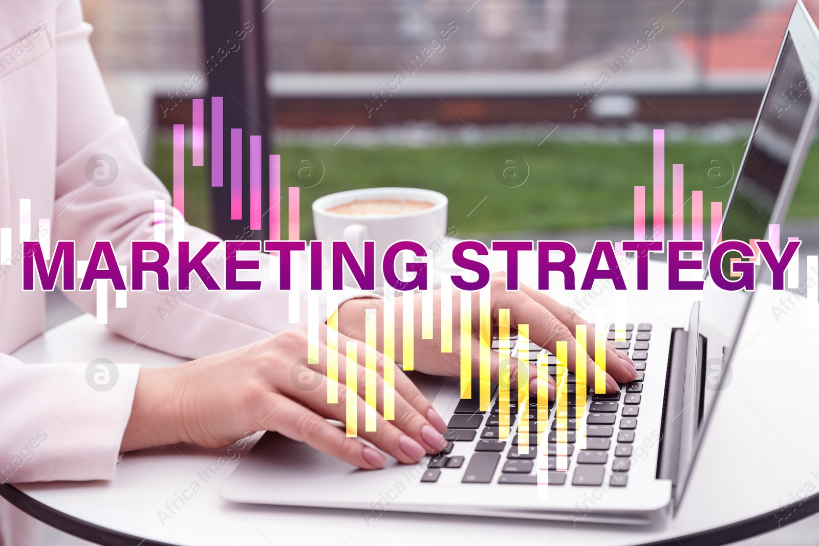 Image of Digital marketing strategy. Woman working with laptop at table, closeup