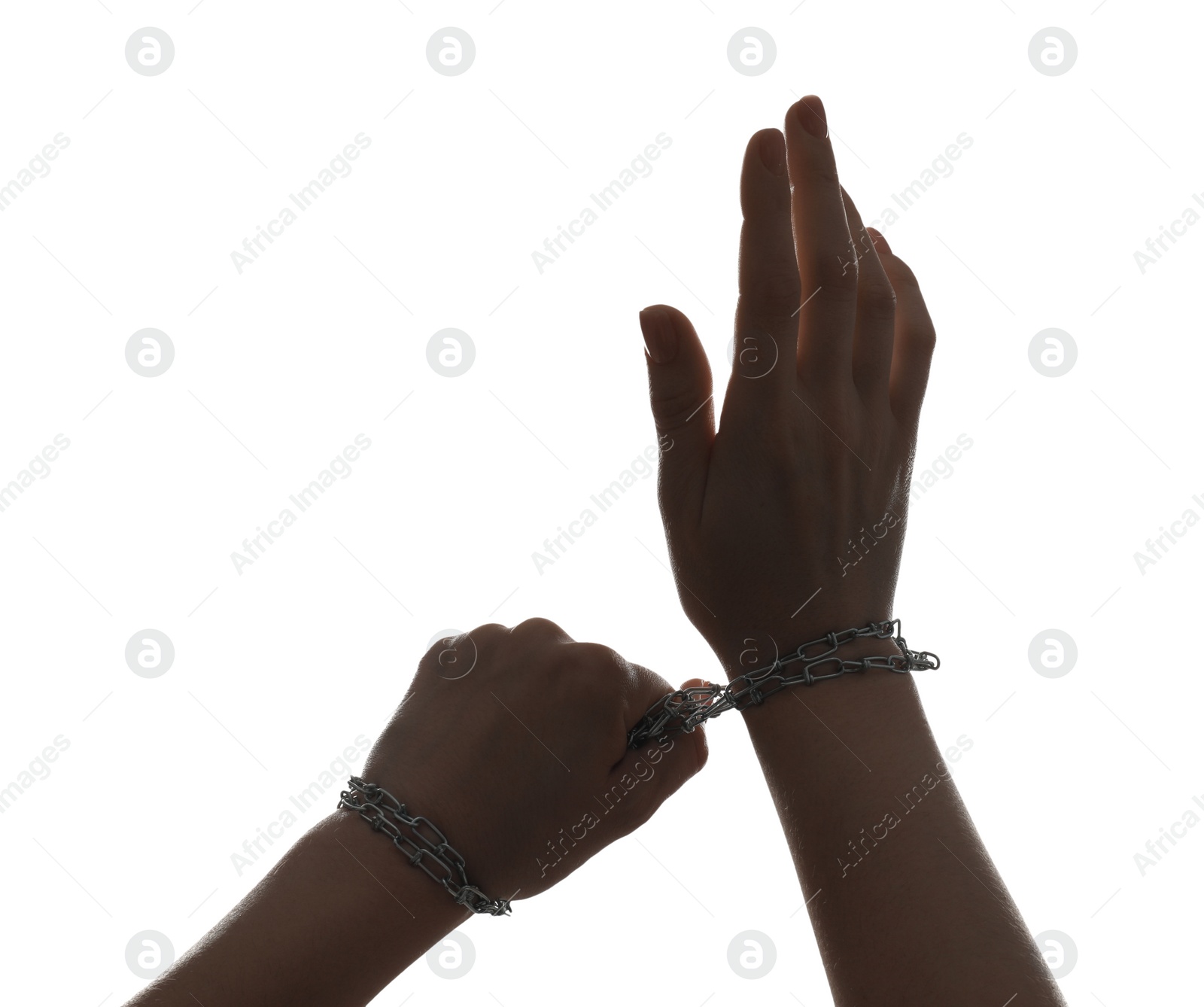 Photo of Freedom concept. Woman with tied arms on white background, closeup