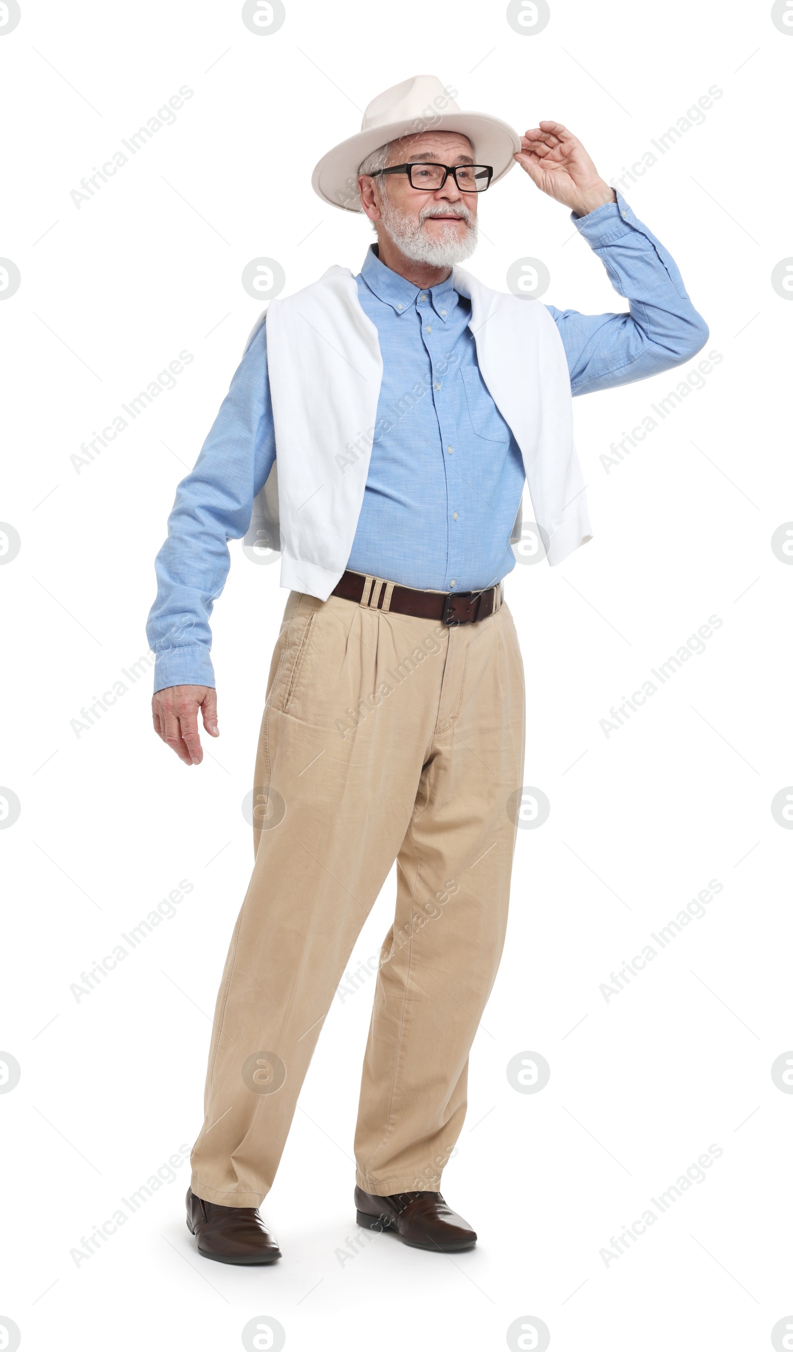 Photo of Senior man in hat and glasses on white background