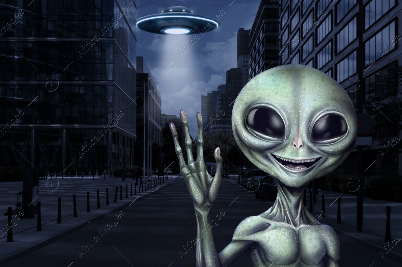 Image of Alien and flying saucer at city. UFO, extraterrestrial visitors