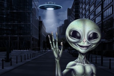 Image of Alien and flying saucer at city. UFO, extraterrestrial visitors