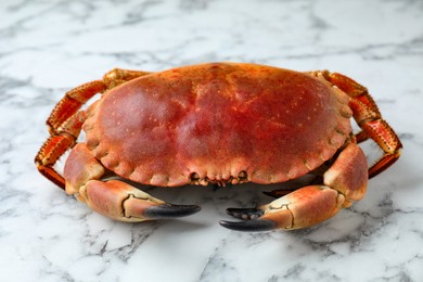 Photo of Delicious boiled crab on white marble table, closeup