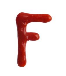 Photo of Letter F written with ketchup on white background