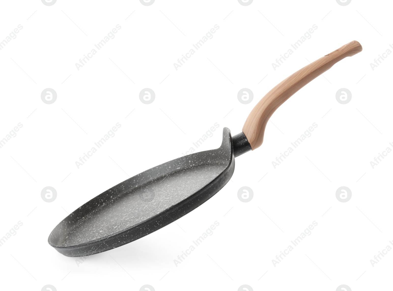 Photo of New pancake pan with wooden handle isolated on white background