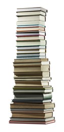 Photo of High stack of many different books isolated on white