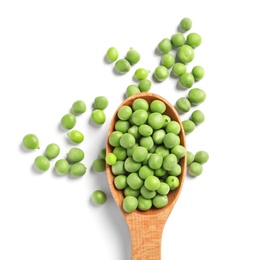 Photo of Spoon with delicious fresh green peas on white background