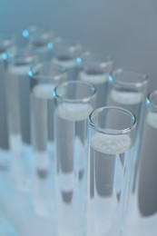 Photo of Laboratory analysis. Test tubes with liquid samples on color background, closeup