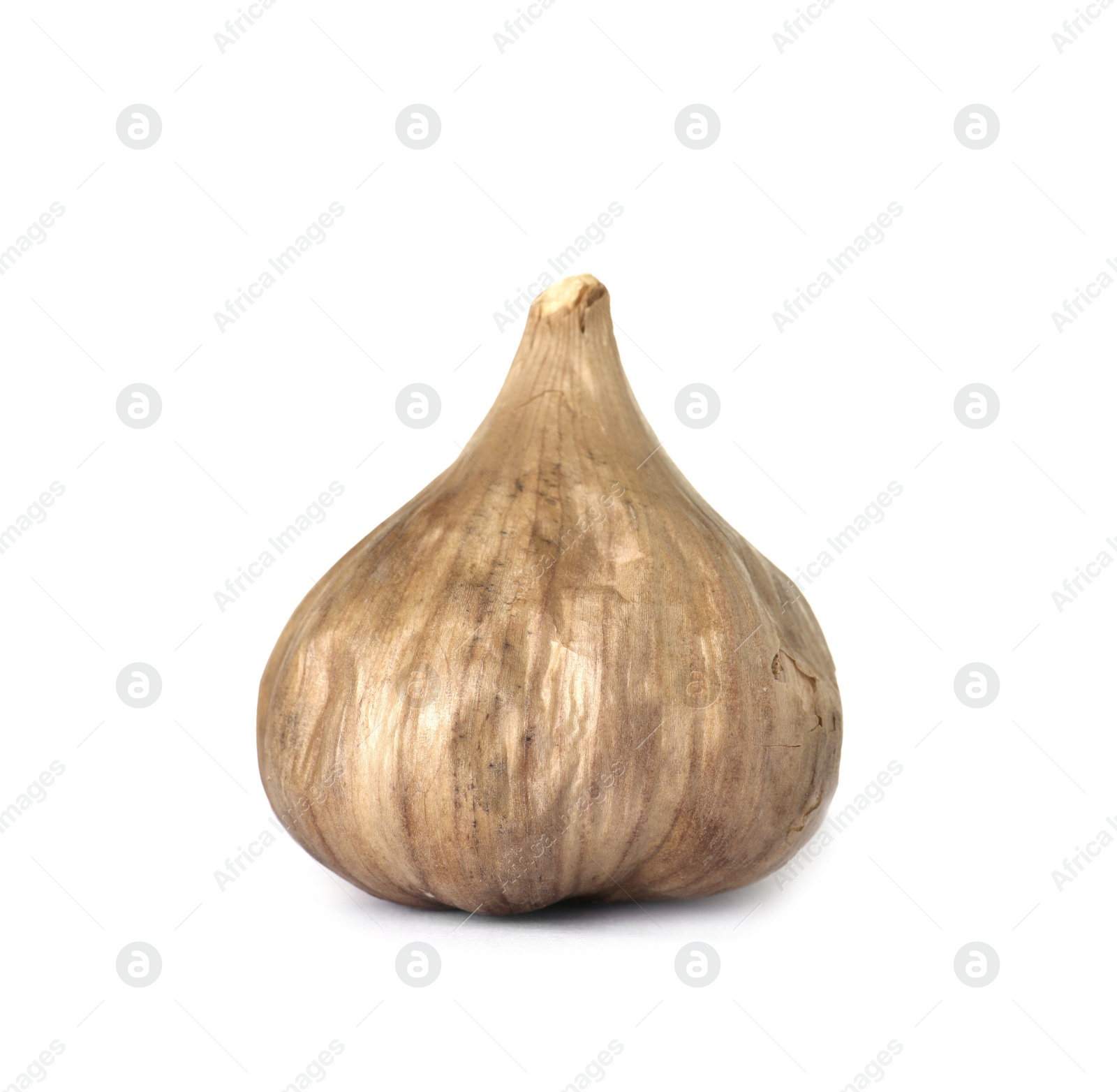 Photo of Unpeeled bulb of black garlic on white background