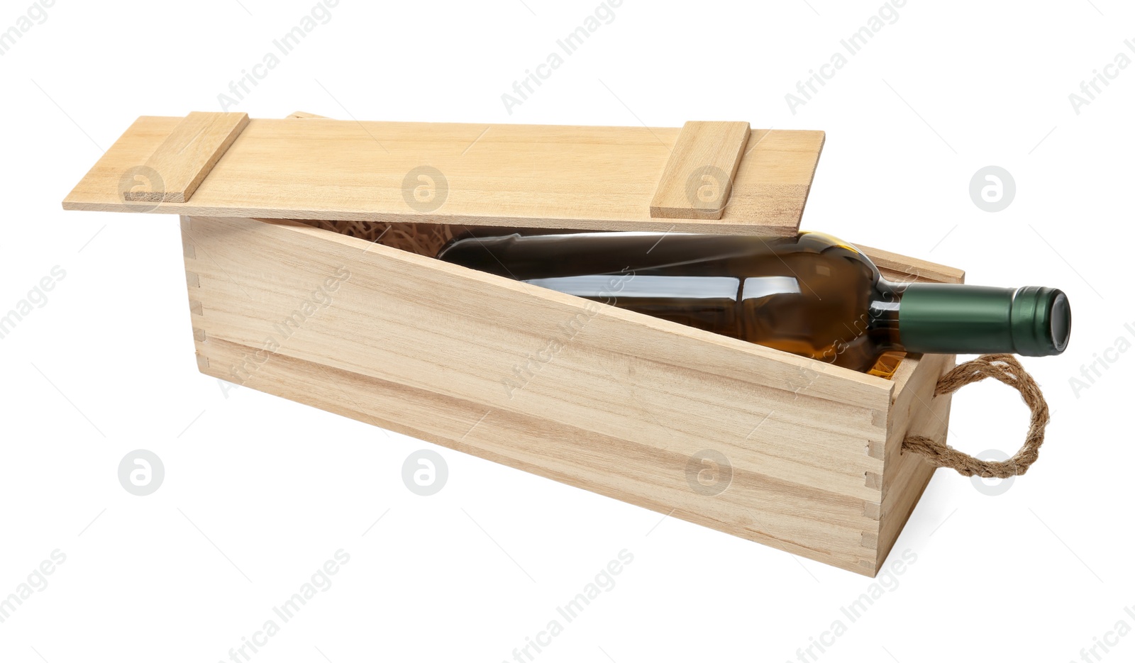 Photo of Open wooden crate with bottle of wine isolated on white