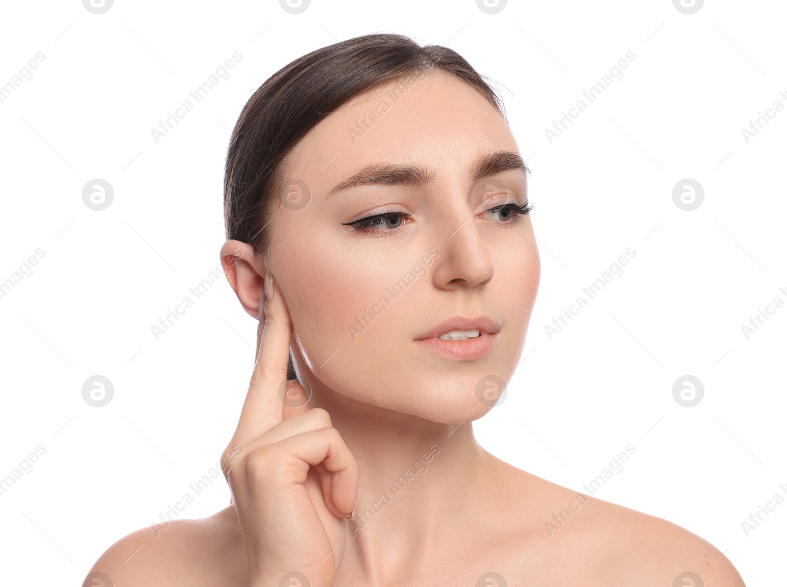 Photo of Young woman suffering from ear pain on white background