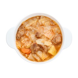 Tasty cabbage soup with meat and carrot on white background, top view