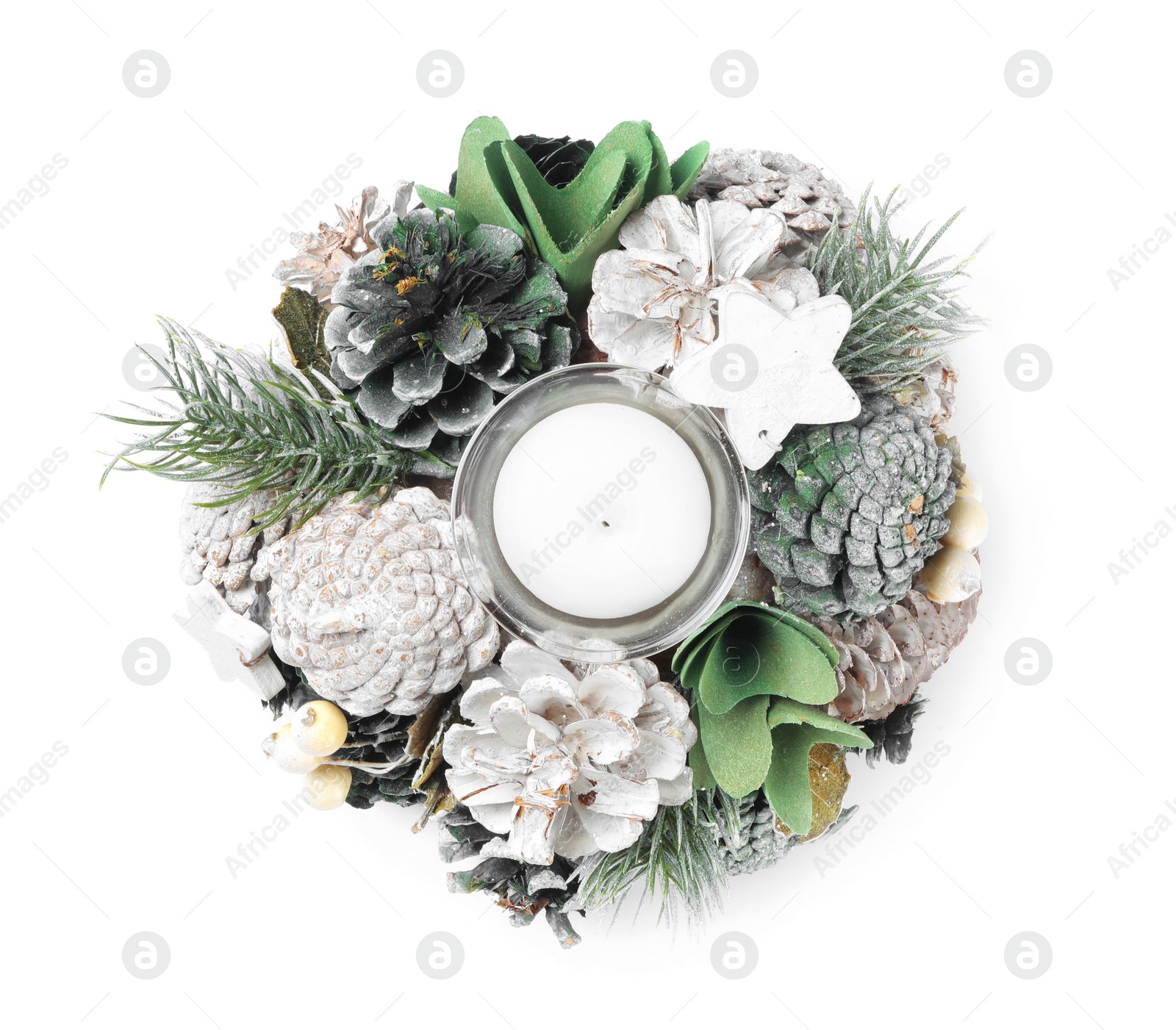 Photo of Beautiful Christmas wreath with candle in middle isolated on white, top view