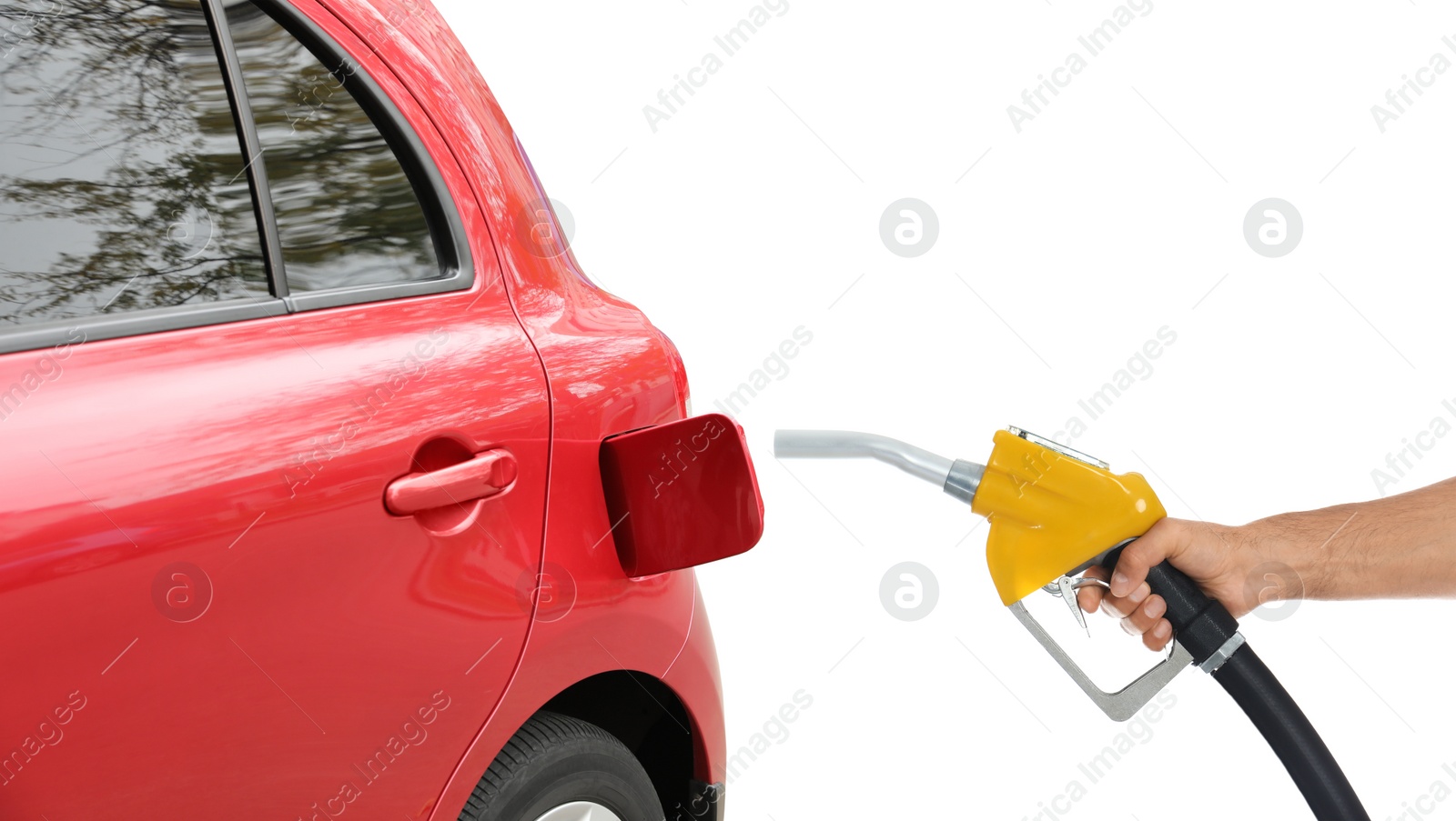 Image of Gas station worker with fuel nozzle near car on white background, closeup