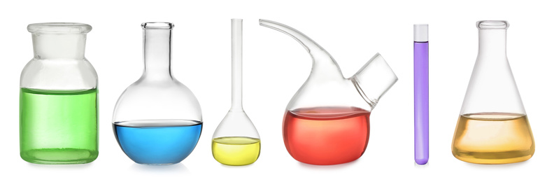 Set of laboratory glassware with colorful liquids on white background. Banner design