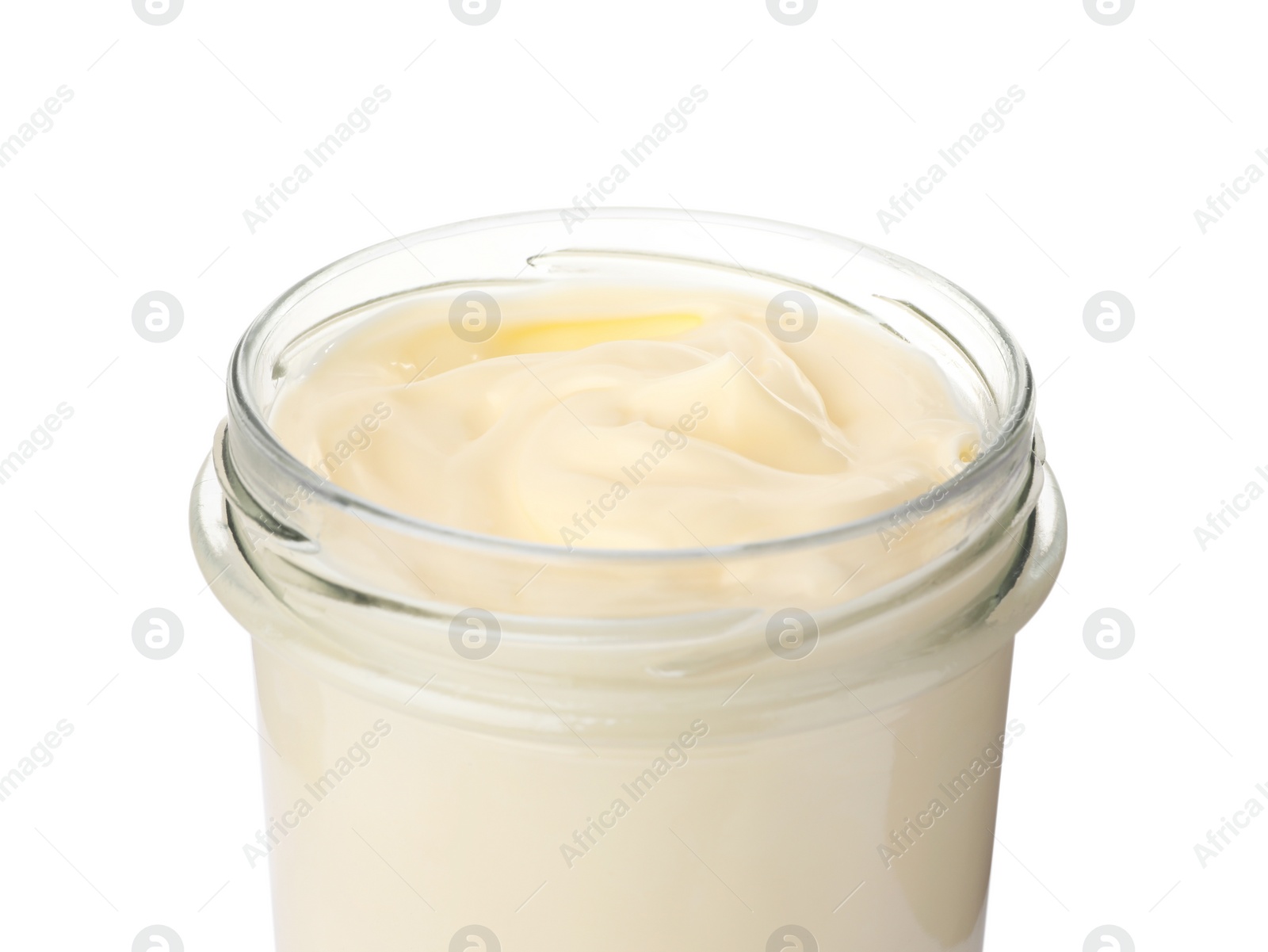 Photo of Glass jar of delicious mayonnaise isolated on white, closeup
