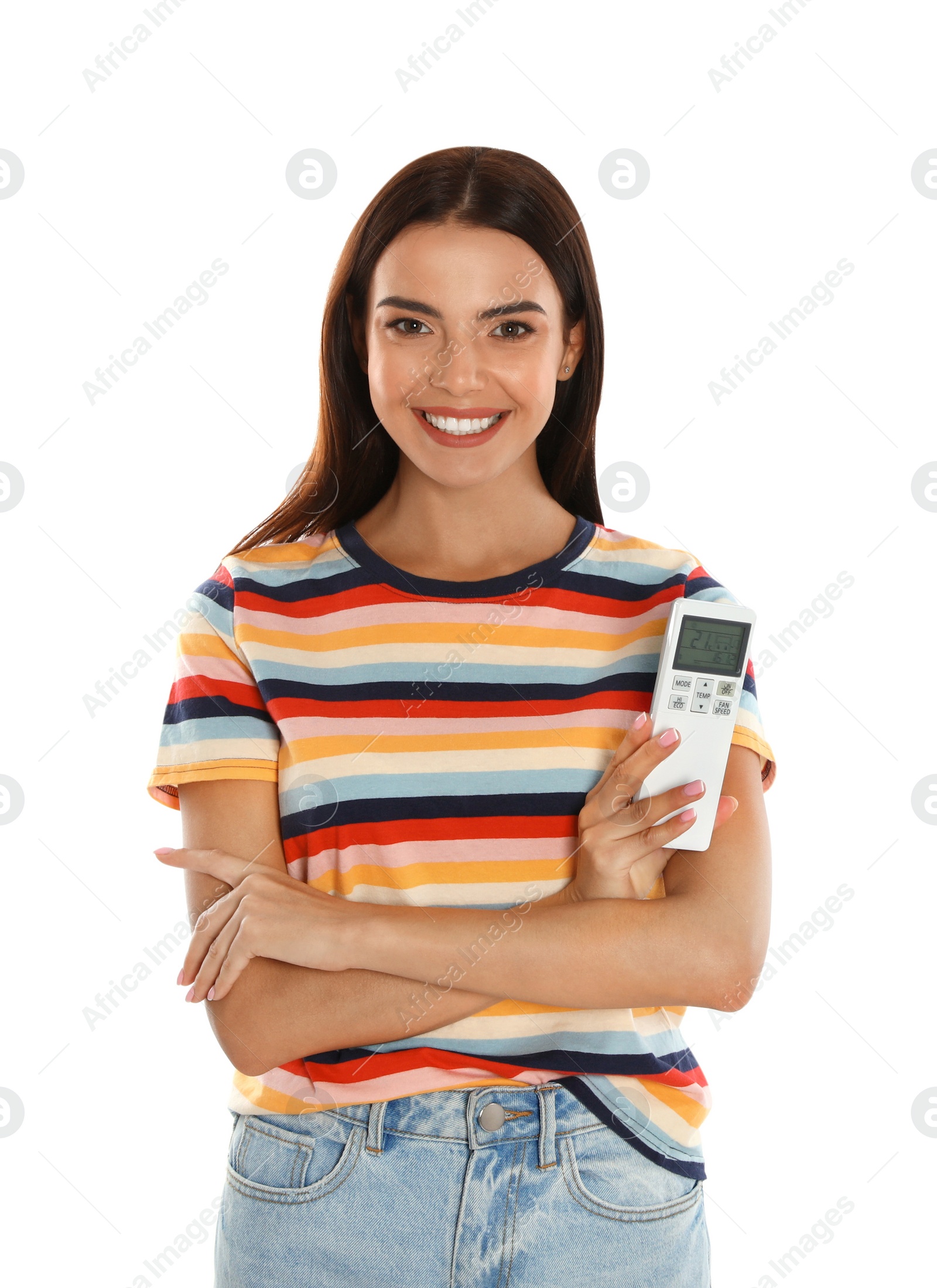 Photo of Young woman with air conditioner remote on white background