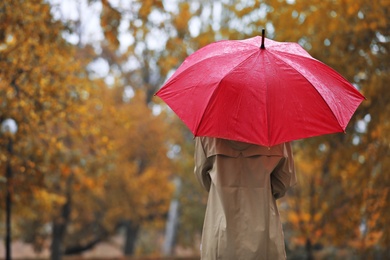 Woman with umbrella in autumn park on rainy day