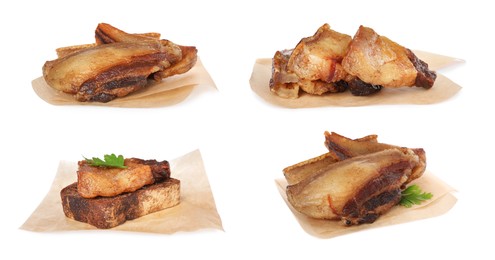 Image of Set with tasty fried pork lard on white background