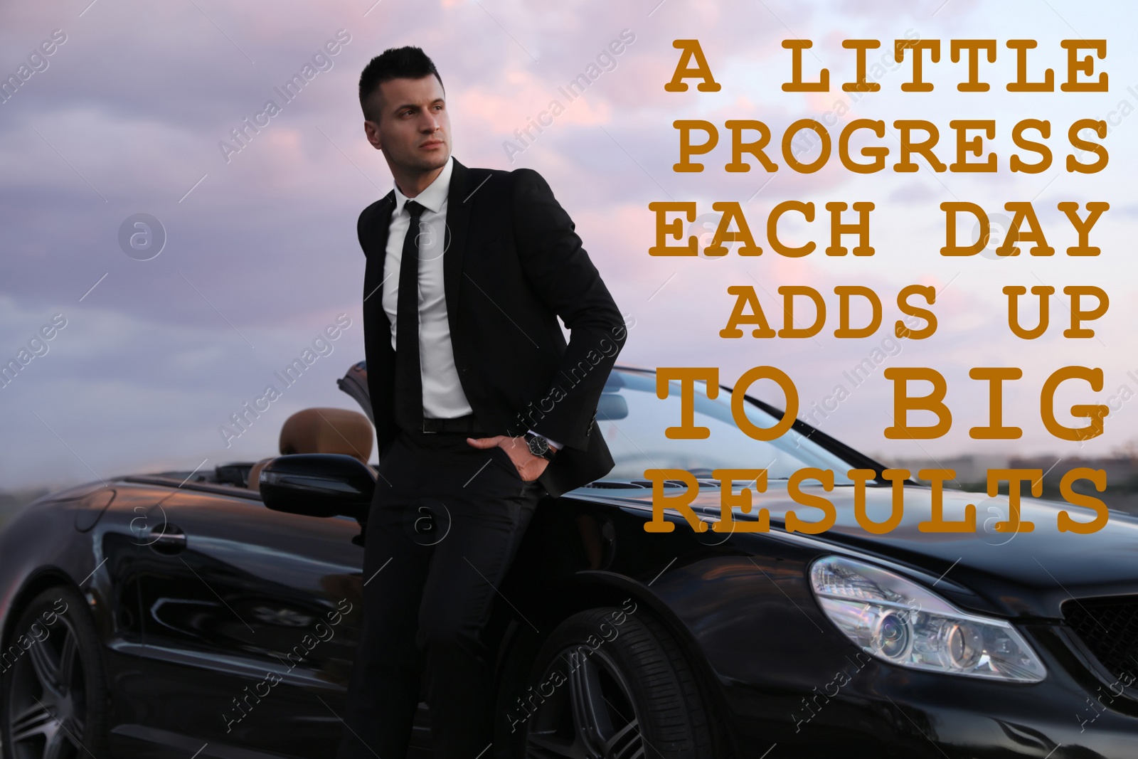 Image of A Little Progress Each Day Adds Up To Big Results. Inspirational quote motivating to make small positive actions daily towards weighty effect. Text against successful businessman with luxury car