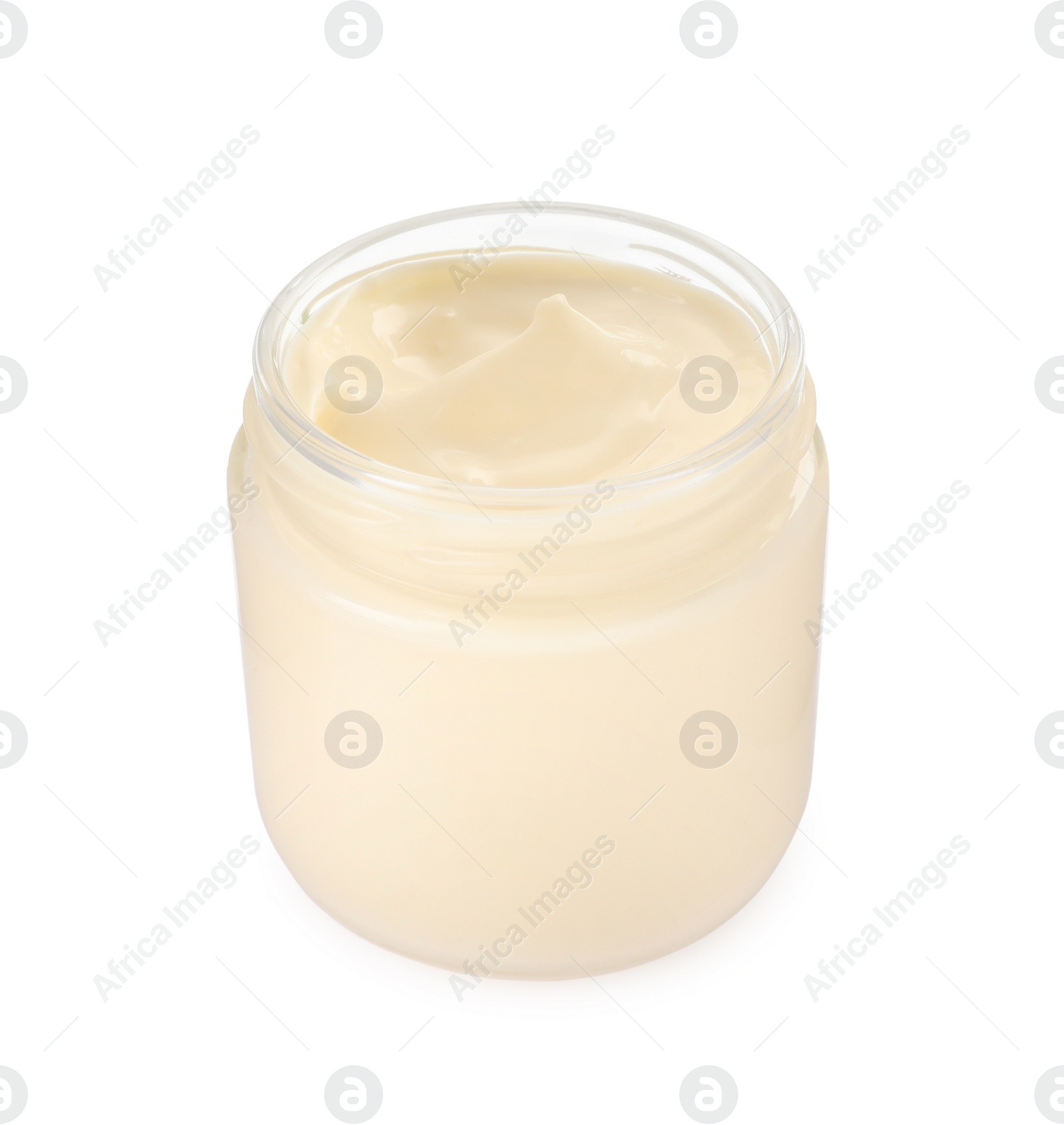 Photo of Mayonnaise in glass jar isolated on white