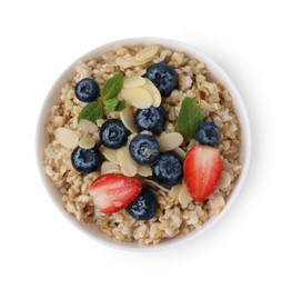 Photo of Tasty oatmeal with strawberries, blueberries and almond flakes in bowl isolated on white, top view