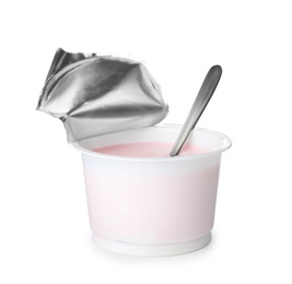 Photo of Plastic cup with creamy yogurt and spoon on white background