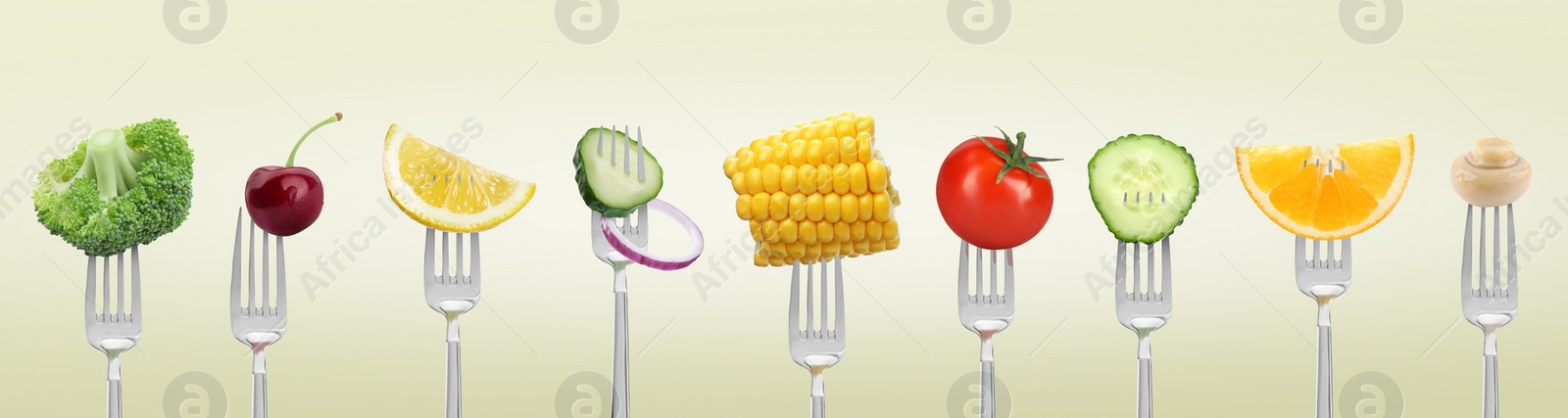 Image of Forks with different food products on color background, collection