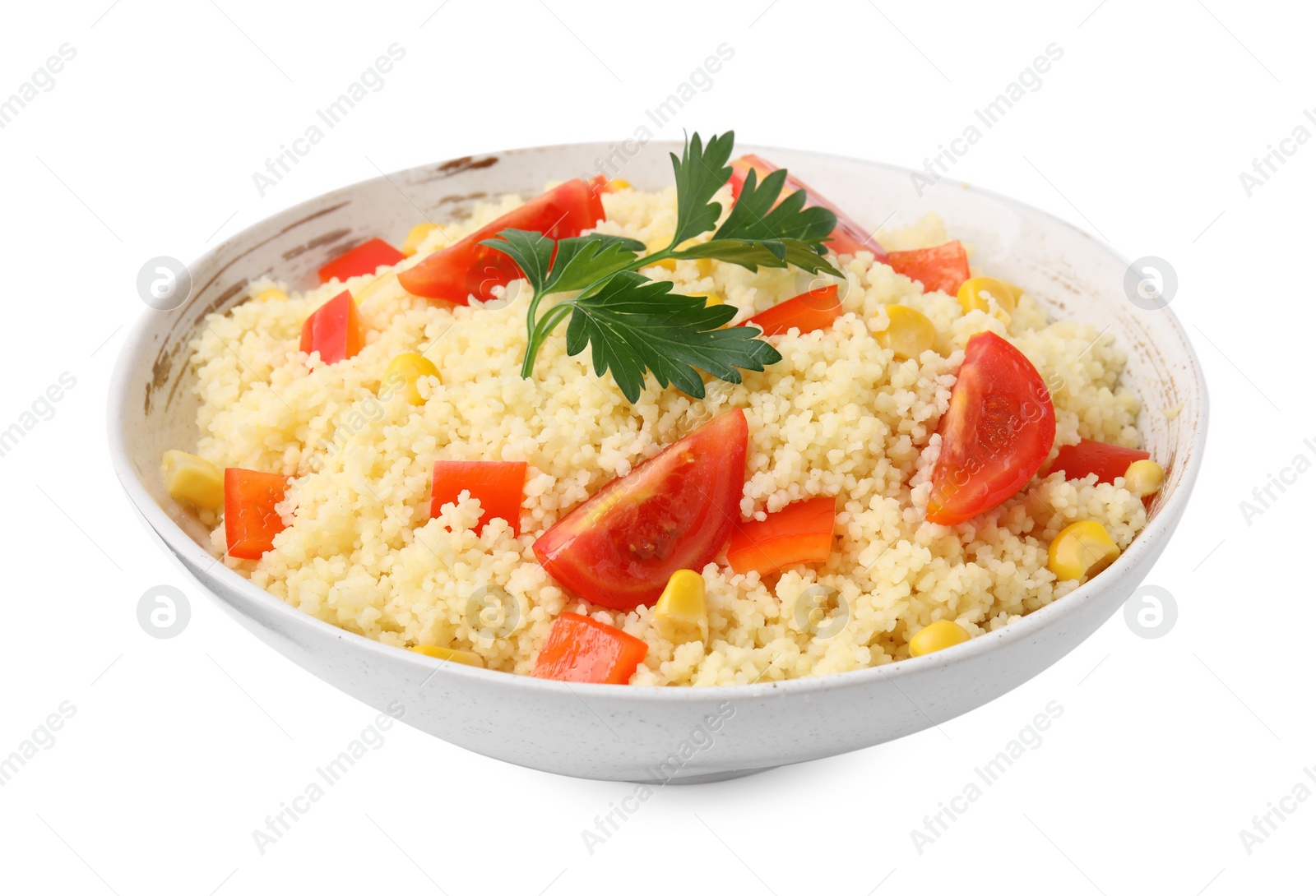 Photo of Tasty couscous with parsley, corn and tomatoes in bowl isolated on white