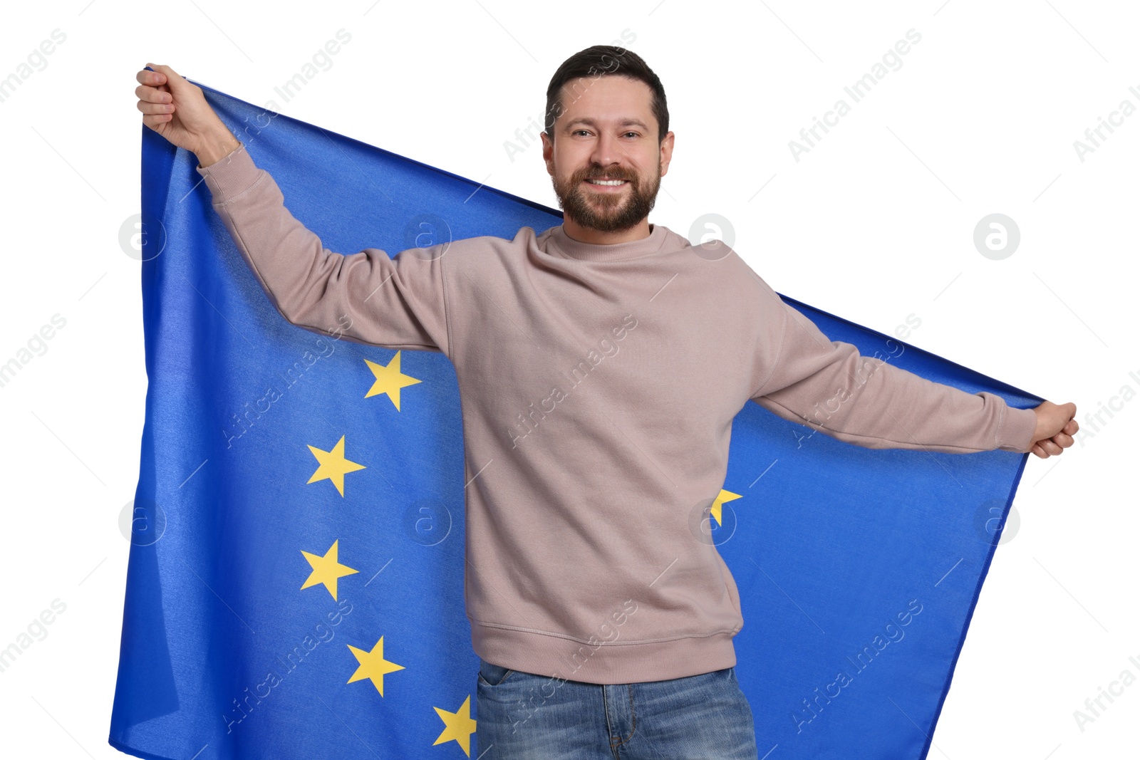 Photo of Man holding European Union flag on white background