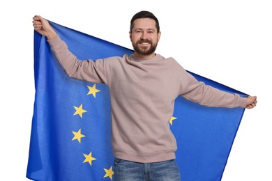 Photo of Man holding European Union flag on white background