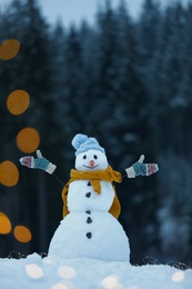 Adorable smiling snowman with Christmas lights outdoors on winter day