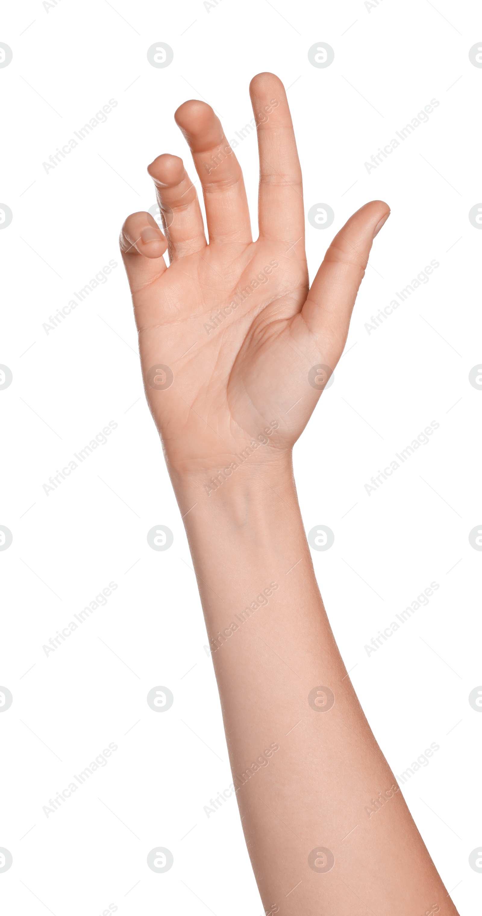 Photo of Woman holding something on white background, closeup of hand