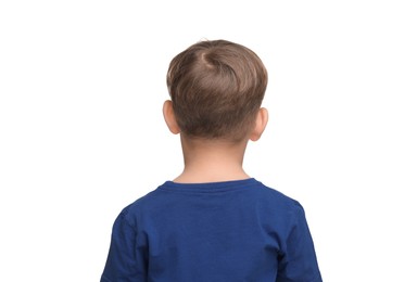 Photo of Little boy on white background, back view