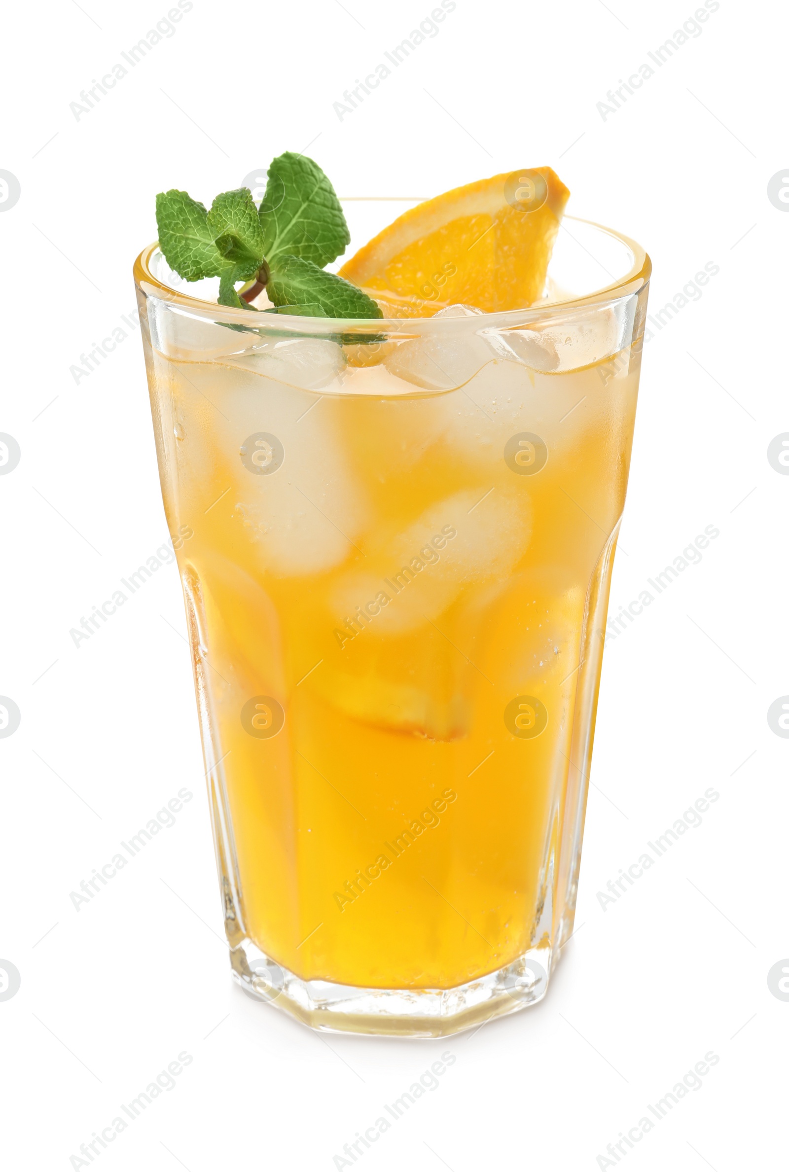 Photo of Delicious orange soda water on white background