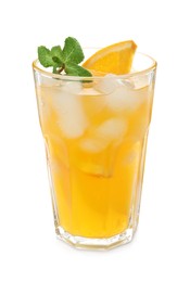 Photo of Delicious orange soda water on white background