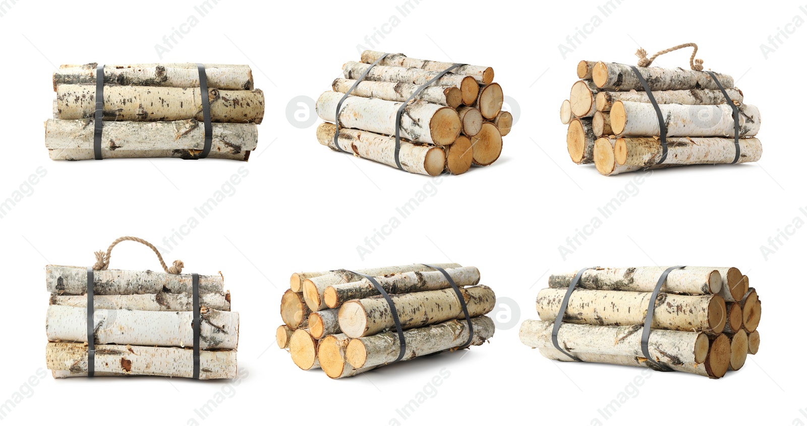 Image of Set of cut firewood bunches on white background. Banner design