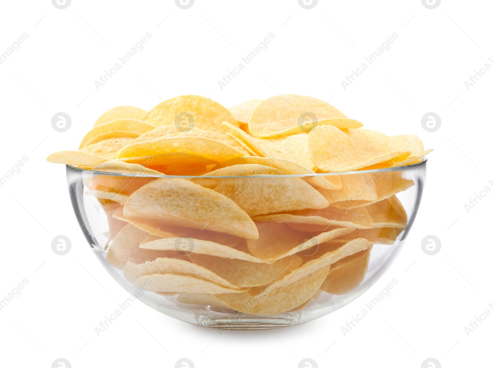 Photo of Bowl with delicious potato chips isolated on white