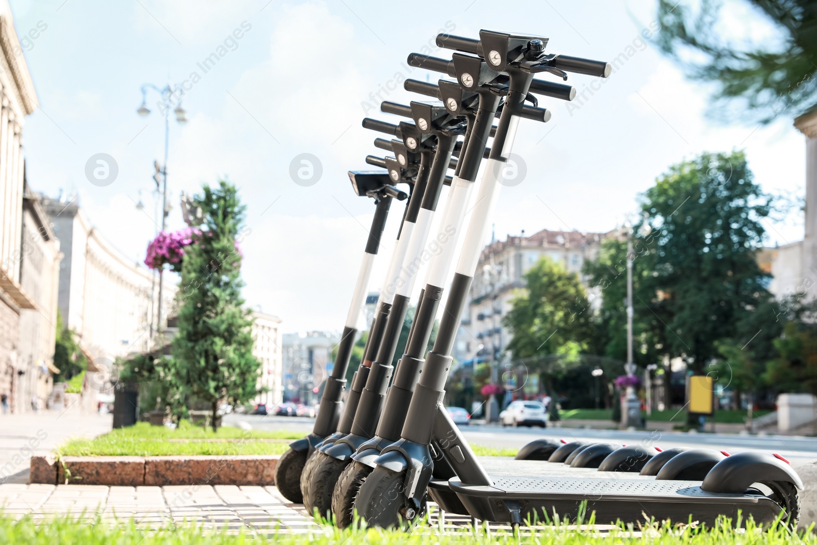 Photo of Many modern electric scooters parked on city street. Rental service