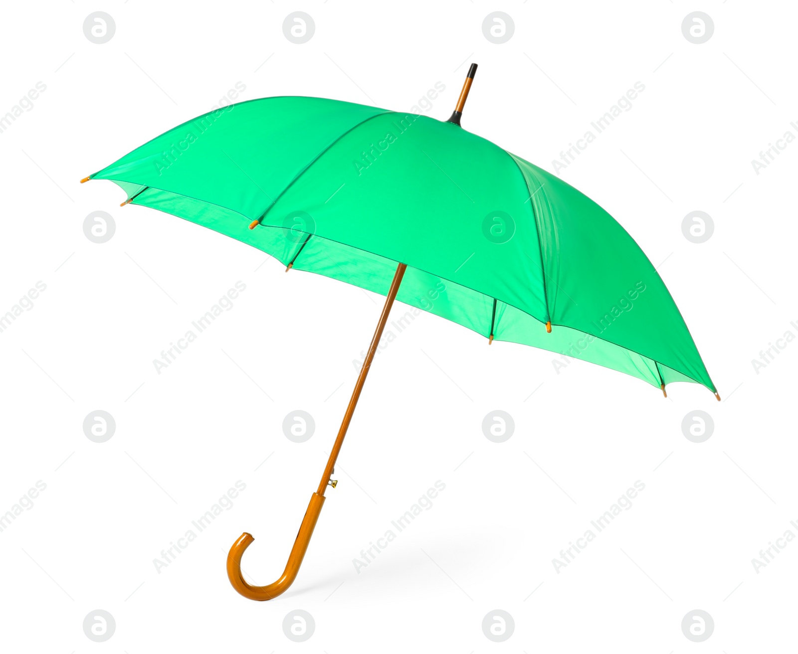 Photo of Modern opened green umbrella isolated on white